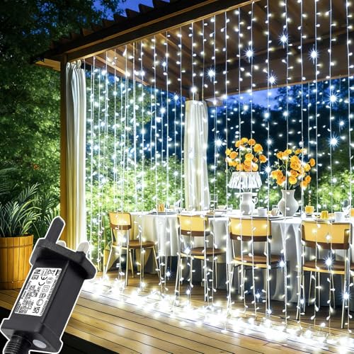 Joycome Curtain Lights, 3m x 3m 300 LED Curtain Fairy Lights Plug in, 8 Modes/Timer/Connectable String Light, Waterproof Waterfall Fairy Light for Bedroom Wall Gazebo Window Pergola Wedding (White)