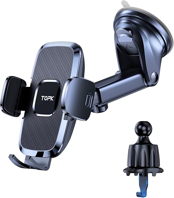 TOPK Car Phone Holder, Adjustable Car Phone Mount Cradle 360° Rotatio Upgraded Strongest Suction Phone Holder for Cars for Dashboard/Windscreen/Air Vent