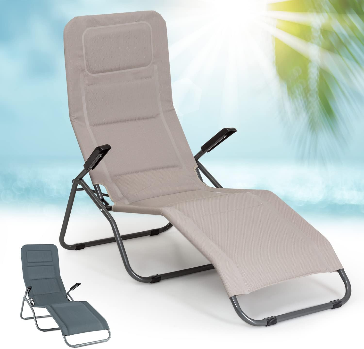 blumfeldt Tumbona Jardin de Poliéster, Hamaca Reclinable para Jardin Exterior Impermeable, Asiento Acolchado de Una Plaza, Tumbona con Respaldo Ajustable para Tomar Sol en la Terraza o Balcón