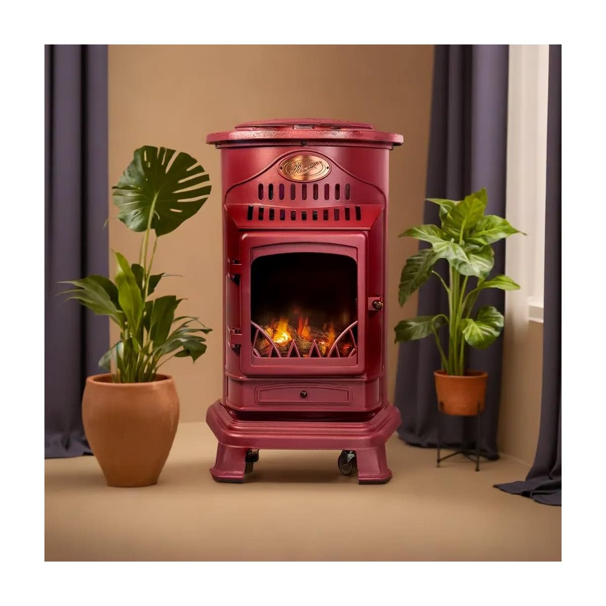 Universal - Poêle à gaz Provence 3,4 KW Rouge Effet poêle à Bois Fonte véritable Chauffage d'appoint