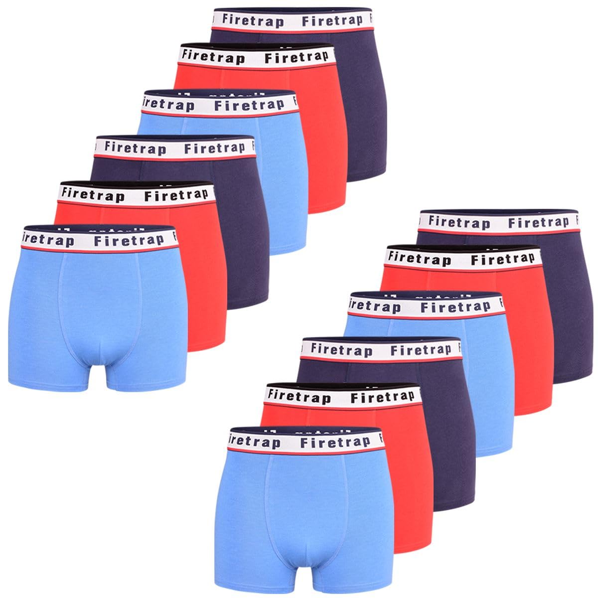 Firetrap Mens 12 Pack Designer Boxer Shorts, Underwear Gift Set Trunks Comfortable Stretch Cotton Plain Colours Mens Briefs Sky, Navy, Red S