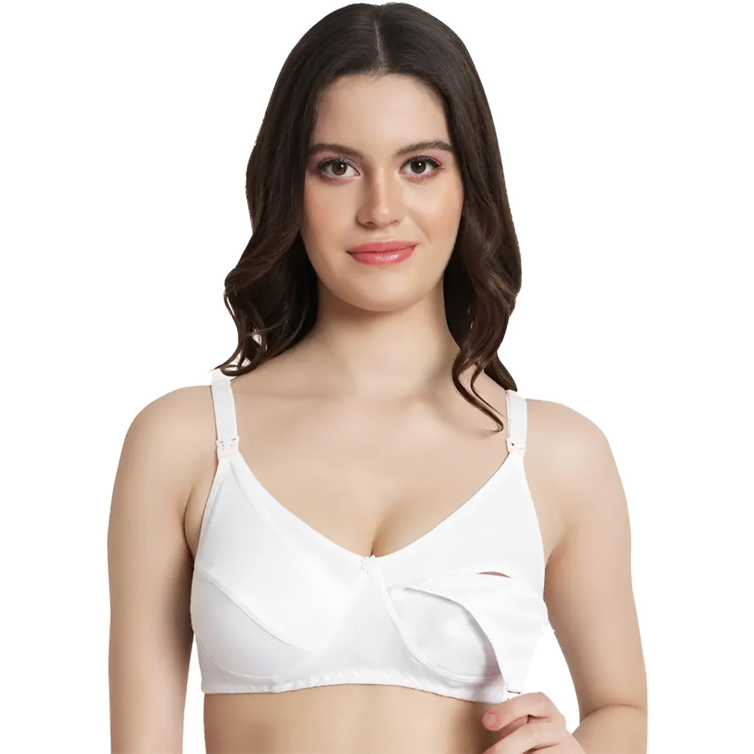 Maternity Nursing Bra for Women | Non-Padded Cotton Blend | Wire-Free V-Neck Feeding Bra (Size 38 White)-image-32