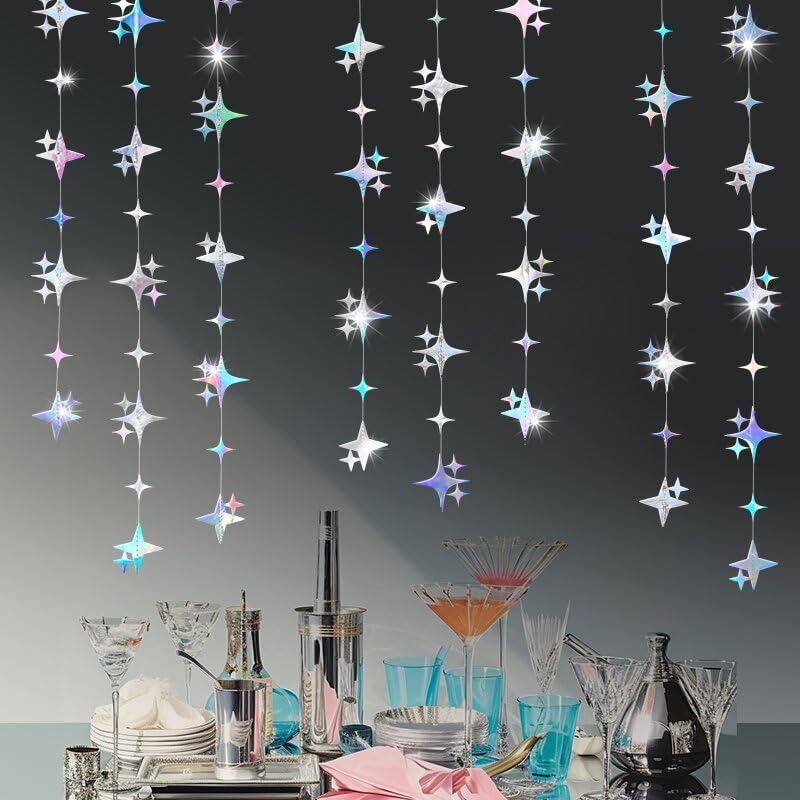 Image of Glitter Iridescent Four-Angle Star Paper Garland Banner Decor 40 Feet Iridescent Twinkle Star Hanging Bunting Banner Backdrop for Wedding Baby Shower Birthday Graduation Disco Party Decorations