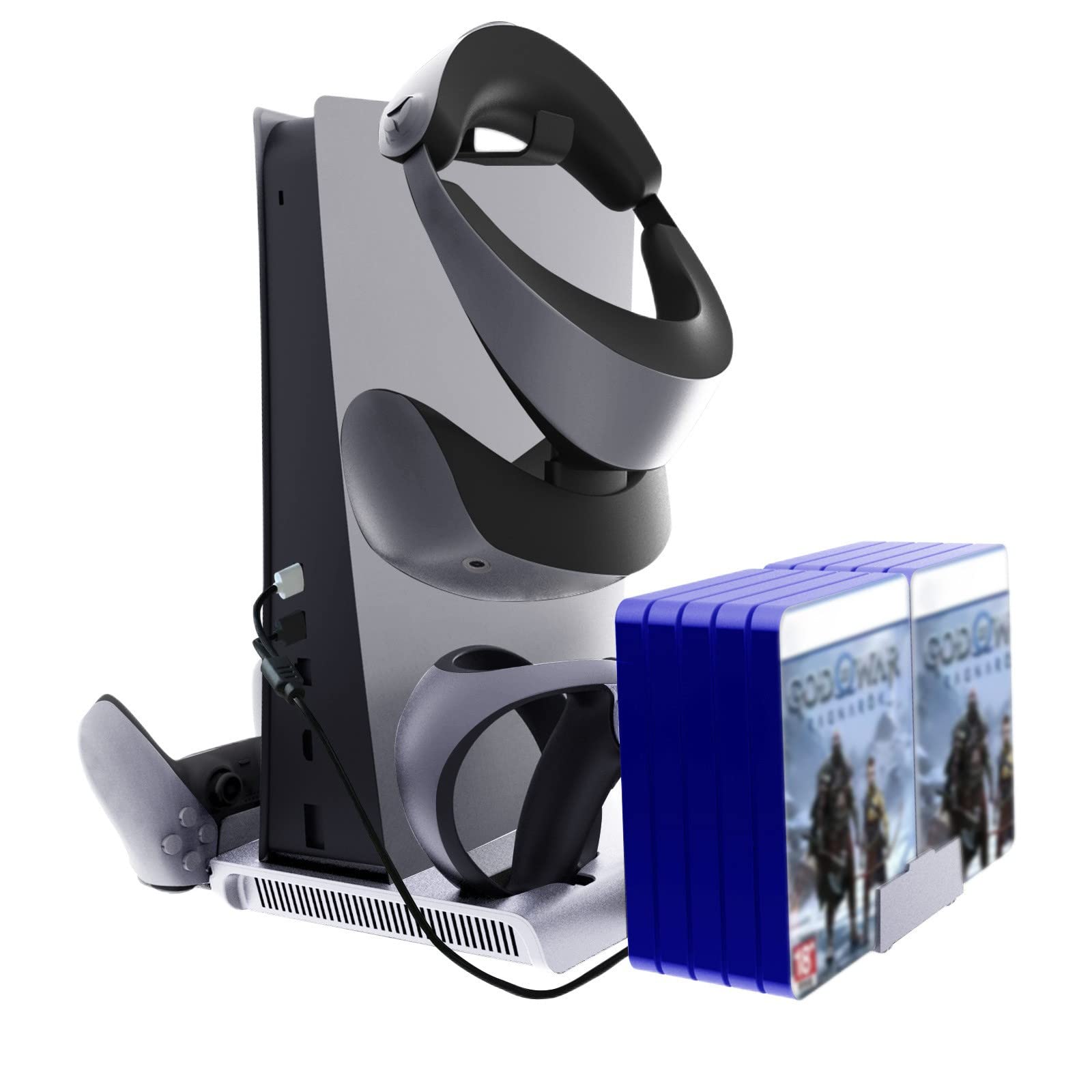 Estación de carga con ventilador de refrigeración para PS VR2/PS5, soporte de pantalla de carga del mando Soporte de almacenamiento de auriculares con micrófono