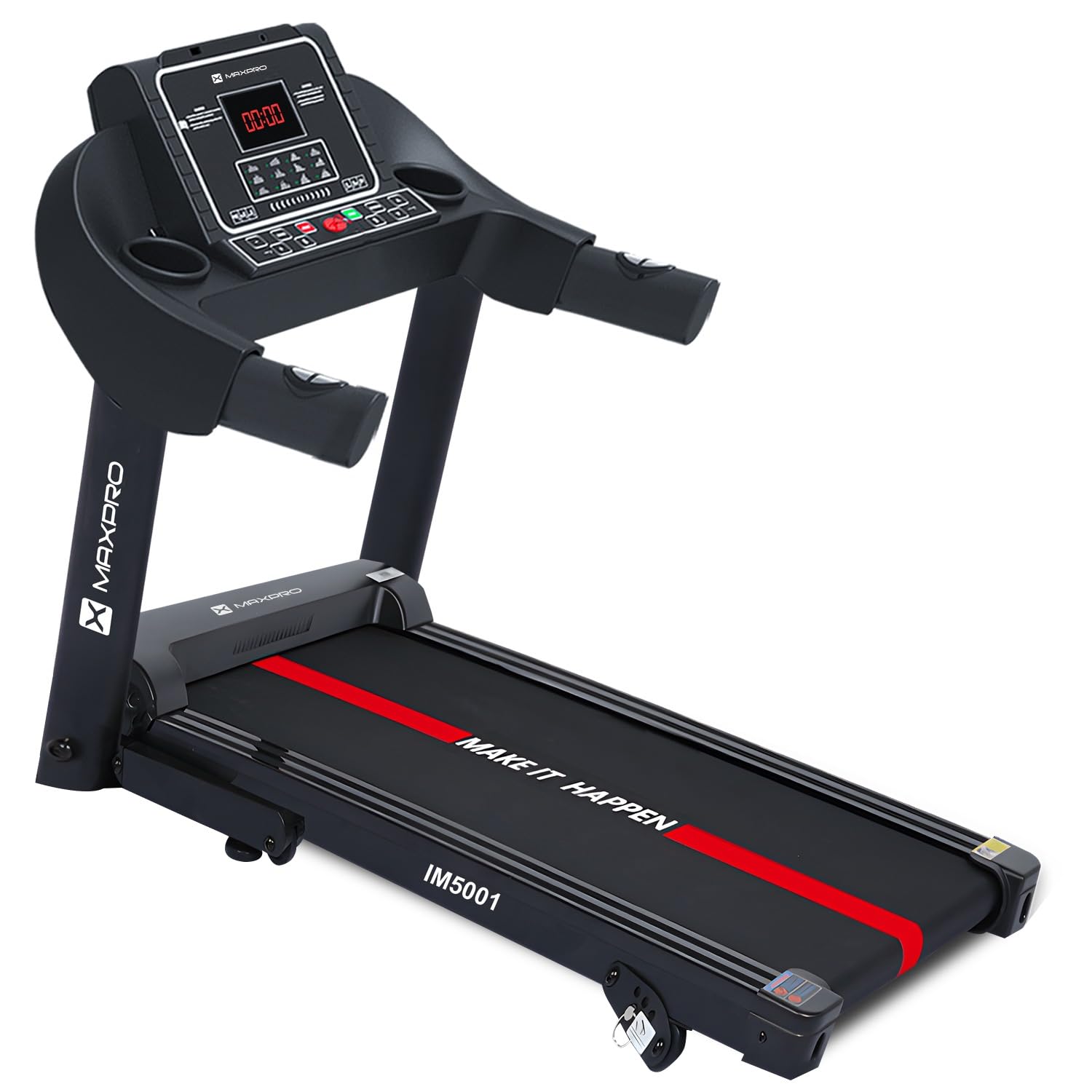 - MAXPRO IM5001 2.5HP Peak DC Motor Treadmill for Home Foldable, 4-Level Manual Incline, 12 Preset Workouts, 12km/hr Speed, LED Display, Free Diet Plan, Running Machine for Home Use (Black)