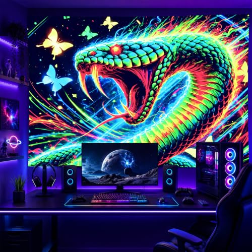 Image of BlissYard Psychedelic Dragon Blacklight Tapestry 78x59 Inch UV Reactive Wall Hanging Fantasy Castle Scene Glow in Dark Backdrop Luminous Blacklight Tapestry Aesthetic Decor Art