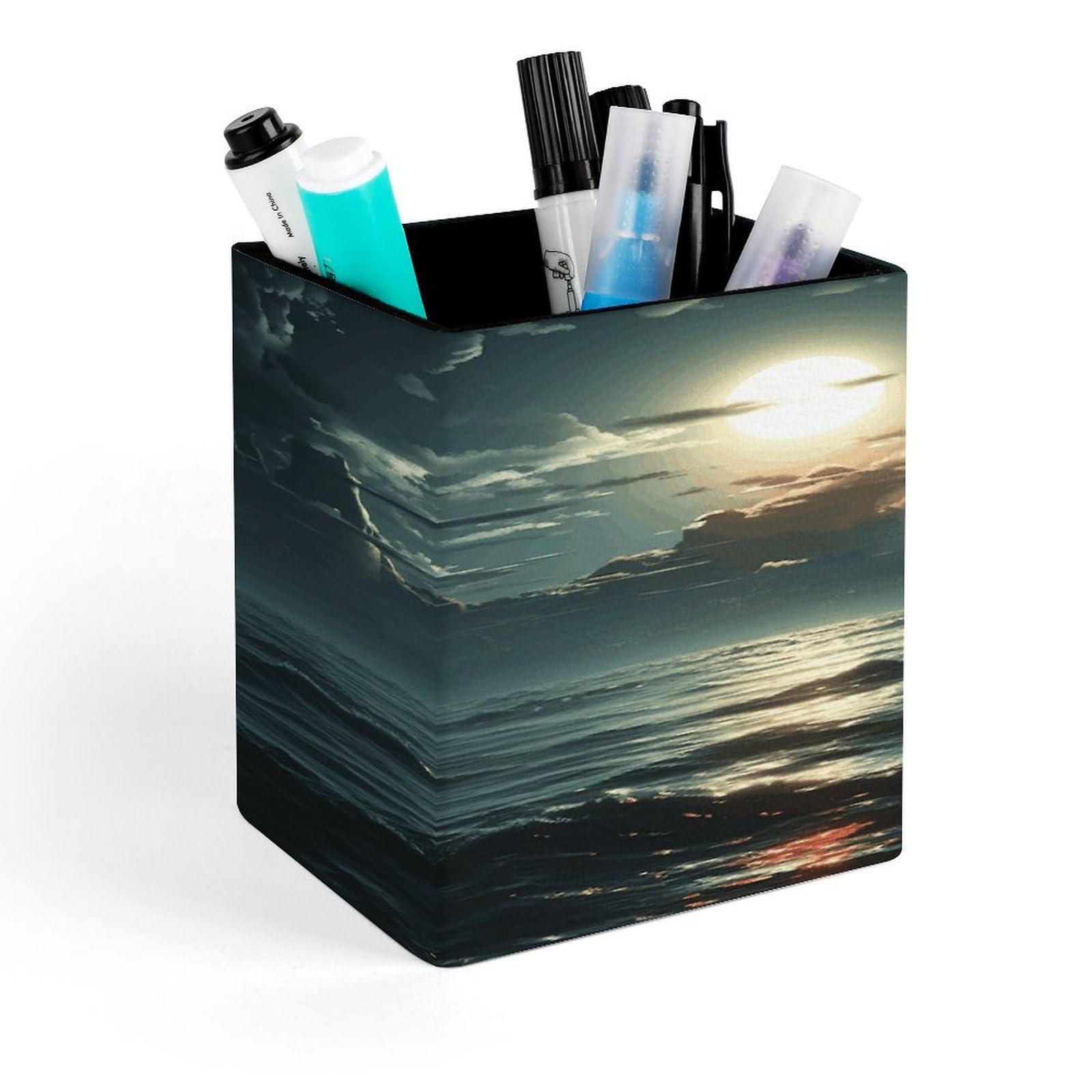 FekiLoot Sea Moon Personalized Desk Pencil Holder Office Accessories Square Pen Container Box Desk Organizer Brush Holder