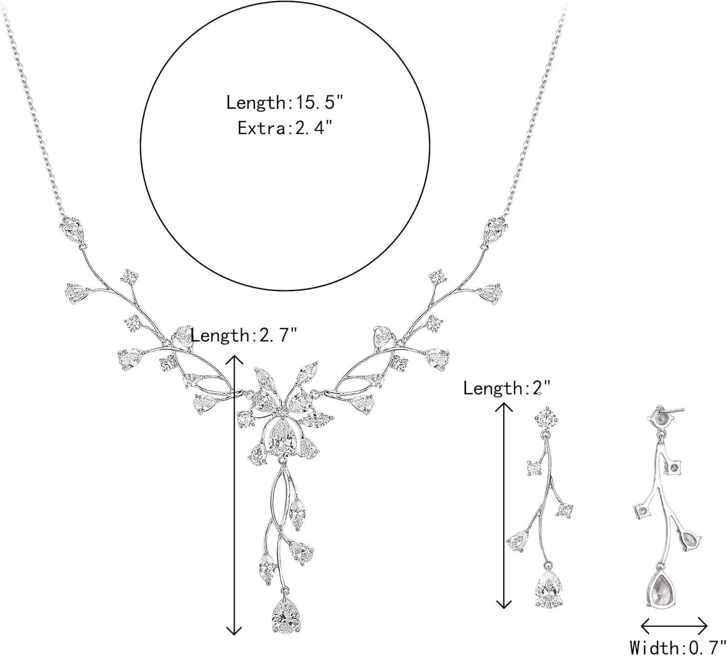 Crysdue Women's Wedding Bridal Jewelry Set for Brides Bridesmaids Cubic Zirconia Flower Leaf Vine Necklace Dangle Earrings for Prom Party