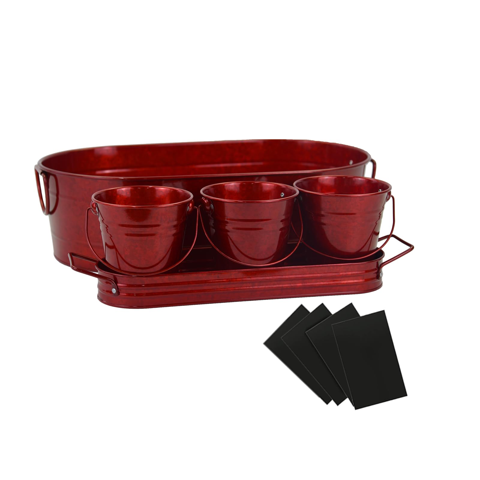 Oval Ice Bucket with 3 Serve Buckets Set - Condiments, Nuts, Ice Cream, Snacks, Candy Serving Bowls, Metal Drink Cooler Beverage Tub, Chill Wine & Beer, 4 Gallons for Home Parties, Red/Wire handle