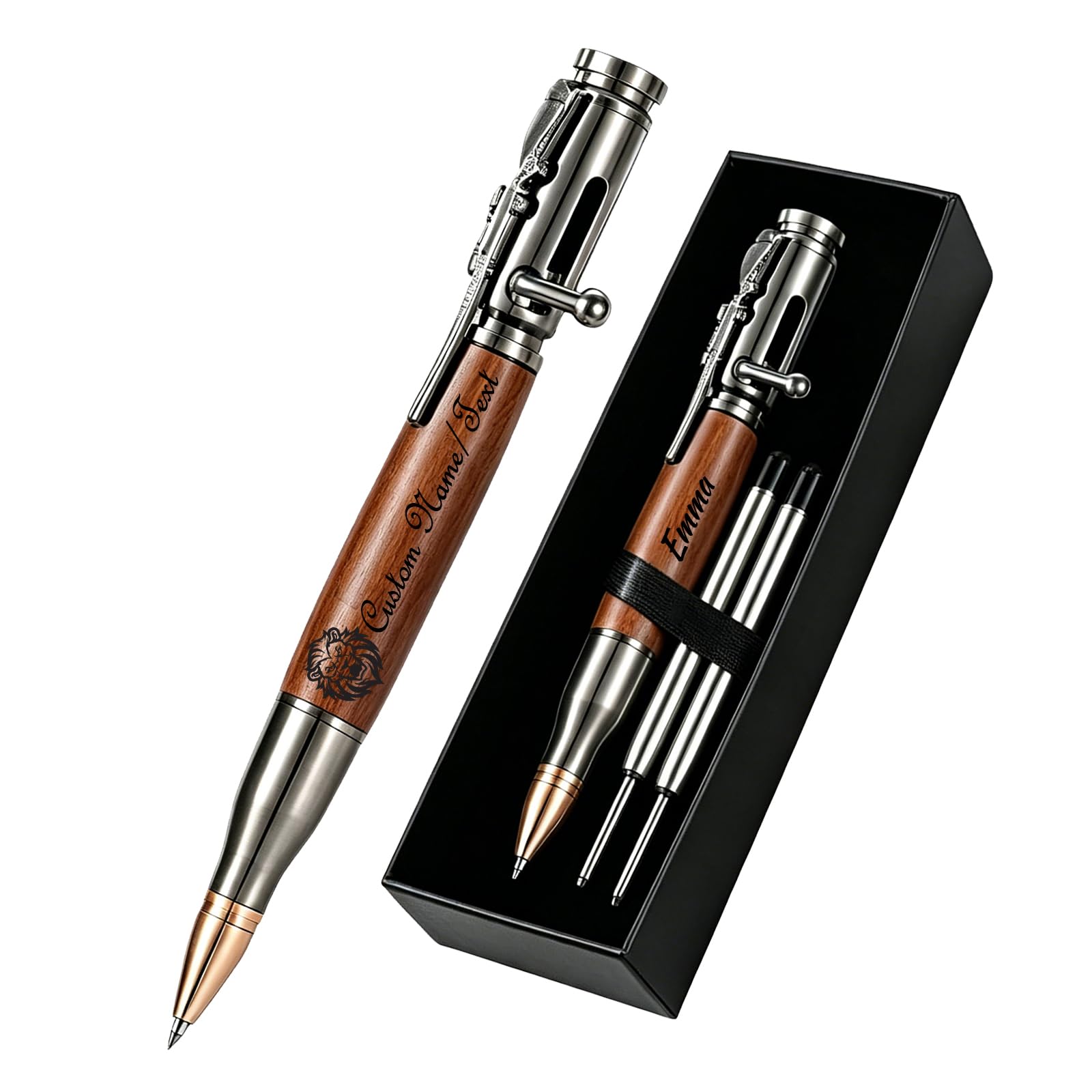 ZFN Personalised Bolt Action Pen Gift Set Custom Engraved Cartridge Ballpoint Pen with Name & Icon Unique Gifts for Men Husband Father Graduate (Wooden)
