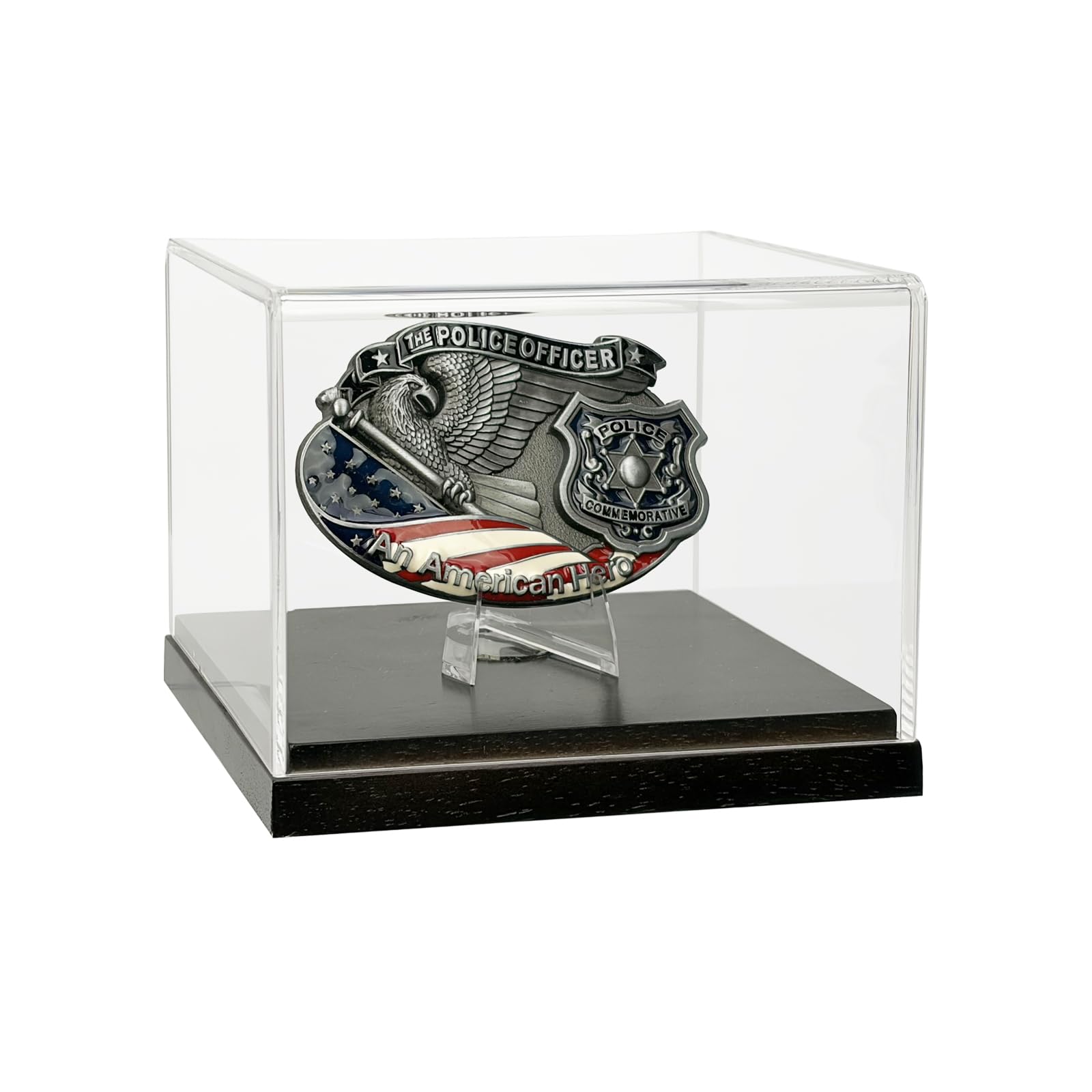 Belt Buckle Display Case Brown Solid Wood Base with 3mm crisp Acrylic Box