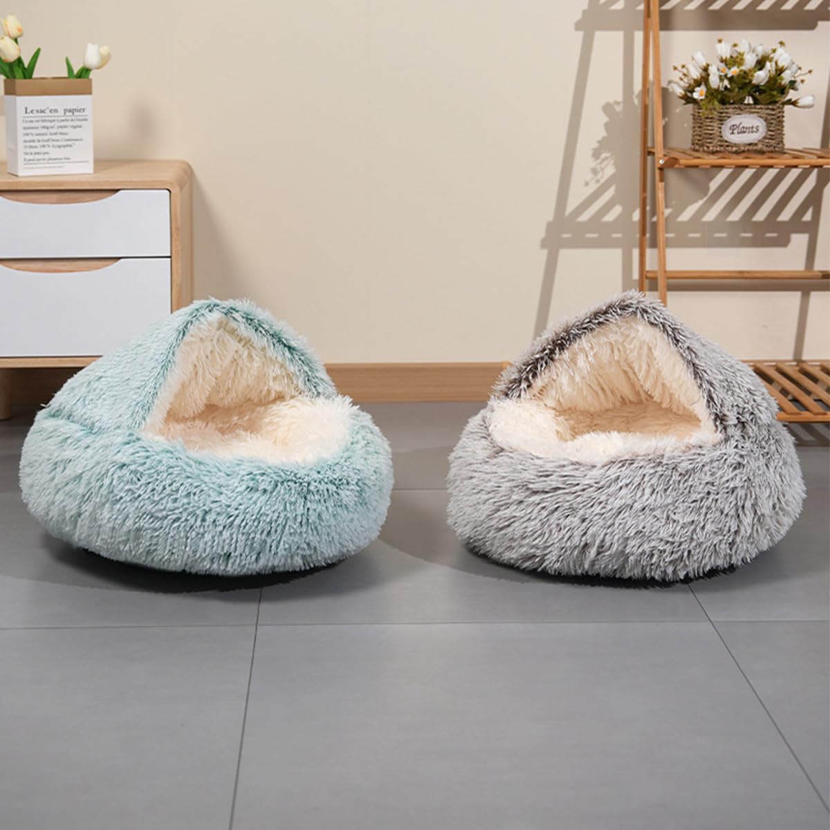 Niche igloo pour chat et animal domestique – Tente pliable en peluche avec fond antidérapant – Semi-fermé – Niche moelleuse pour petits chats, chatons, chiots et chats (vert, 80 cm)