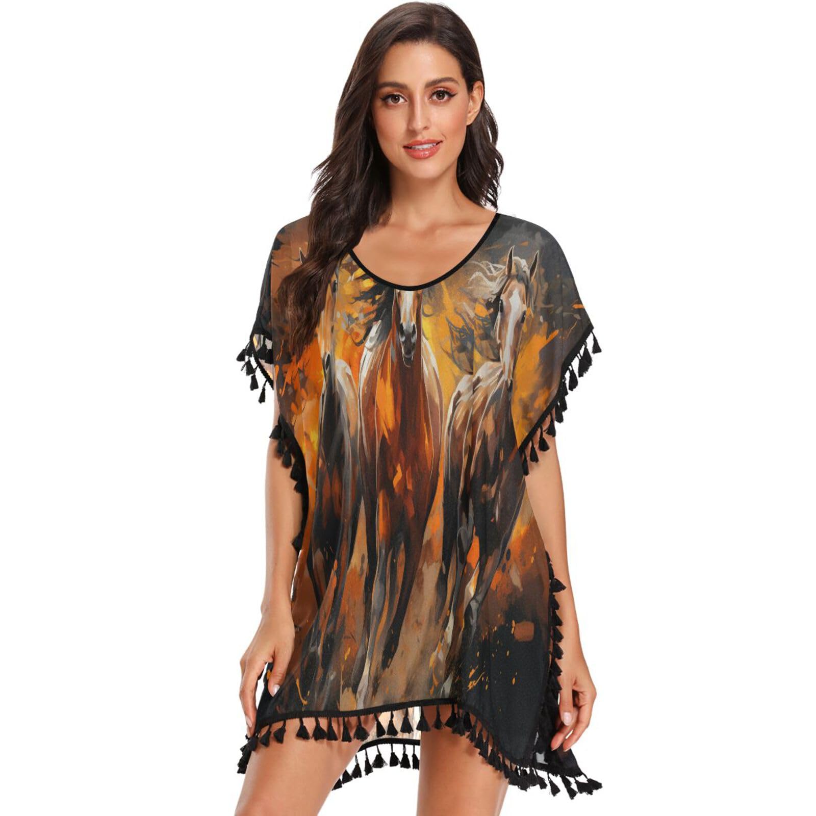 KAAVIYO Dark Watercolor Running Horses Women's Beach Cover Up Chiffon Tassel Swimwear Swimsuit Coverups for Girl
