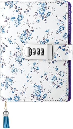 Diario de contraseña floral con candado A6 recargable con bloqueo diario de piel sintética con cerradura de combinación (azul)
