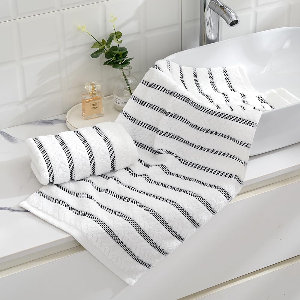 sense gnosis 100% Cotton White Hand Towel Set of 2 Thick Jacquard Ribbed Striped Soft Quick Dry and Absorbent Bathroom Decorative Hand Towel 13 x 29 Inch - Image 2