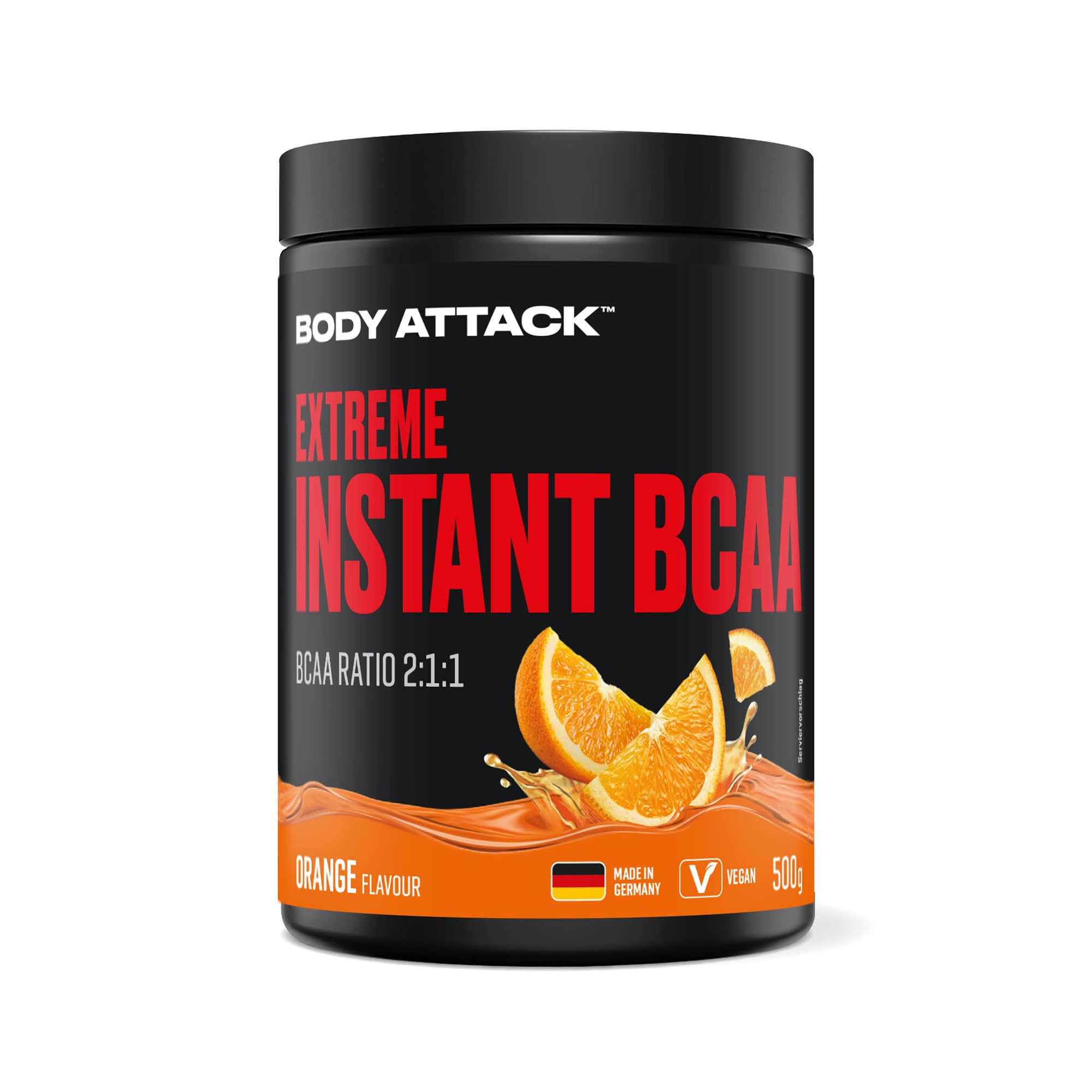 Body attack Extreme Instant BCAA - 500 g - Orange - Made in Germany - Gut lösliches, veganes BCAA Pulver im Verhältnis 2:1:1 - Zuckerfreie Aminosäuren für intensives Training - Mit L-Leucin