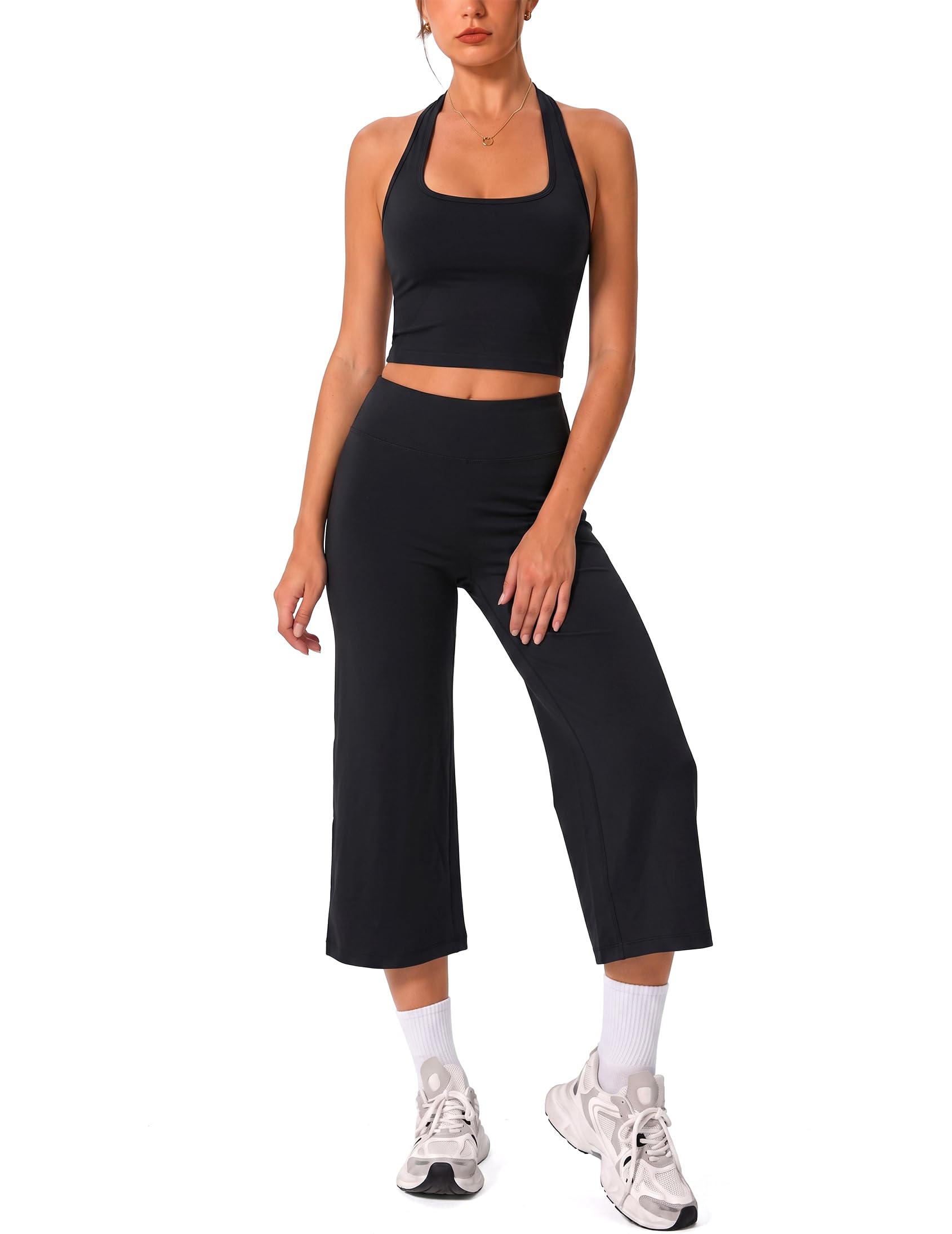 Women Halter Crop Tank High Waist Capri Wide Leg Yoga Pants 2Pc Workout Set