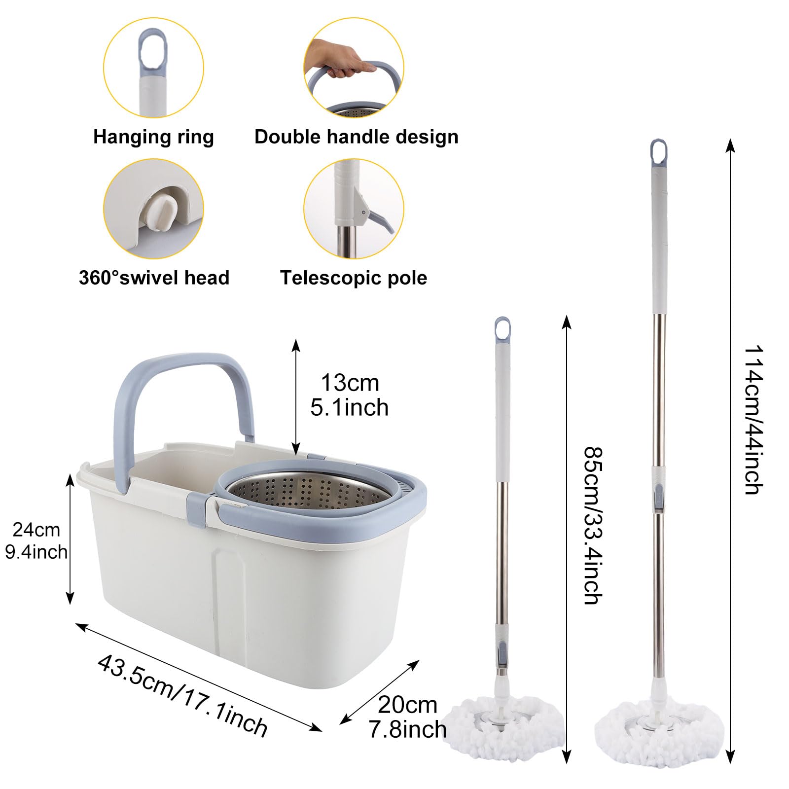 ASelected Juego de trapeador giratorio y cubo giratorio de 360° para limpiar suelos, mango de acero inoxidable, mopa extensible con almohadillas reutilizables de microfibra húmeda y seca para limpieza