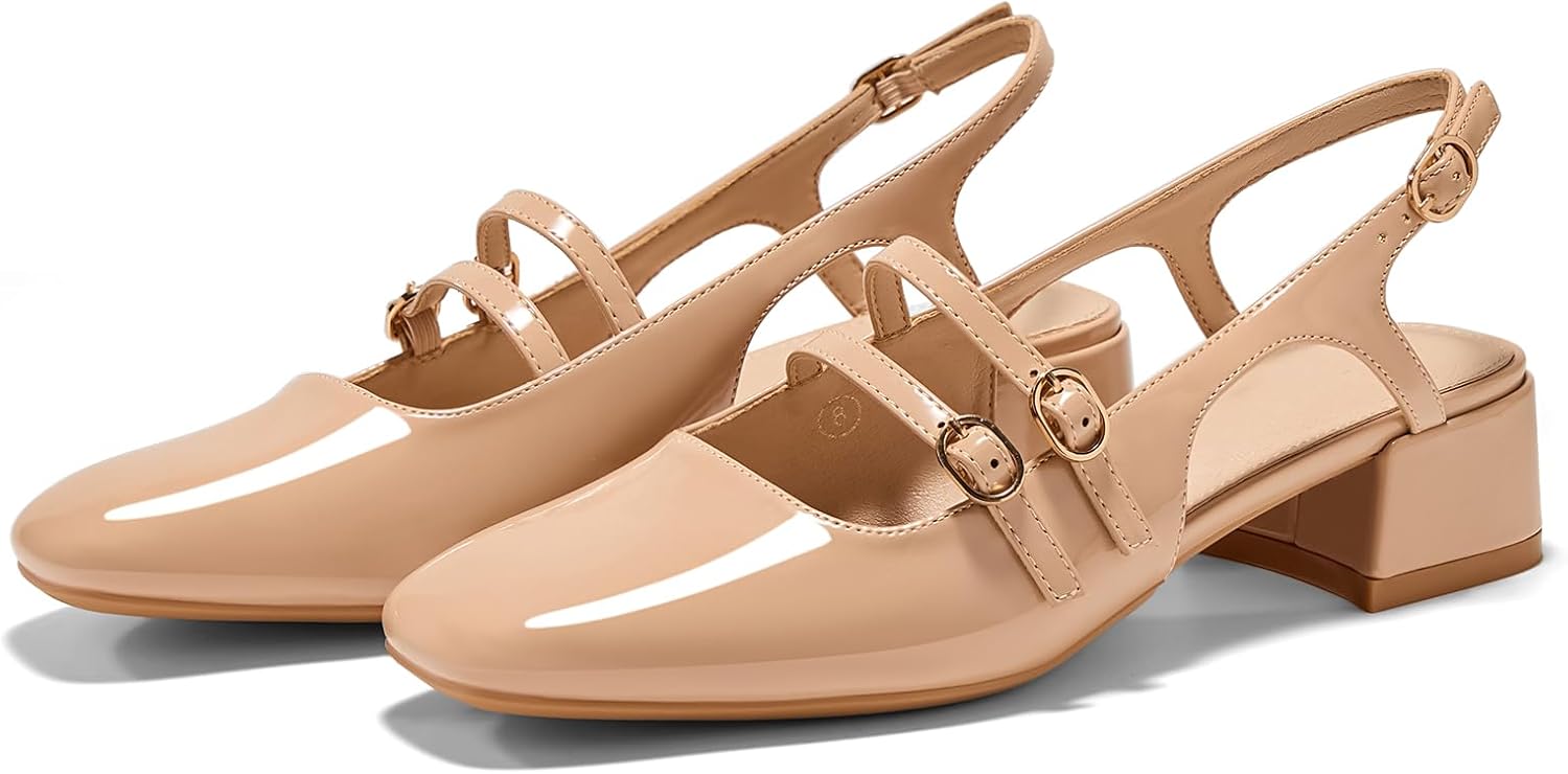 Women's Mary Jane Chunky Low Block Heels Slingback Pumps Closed Square Toe Double Strap Wedding Dress Shoes - Image 7