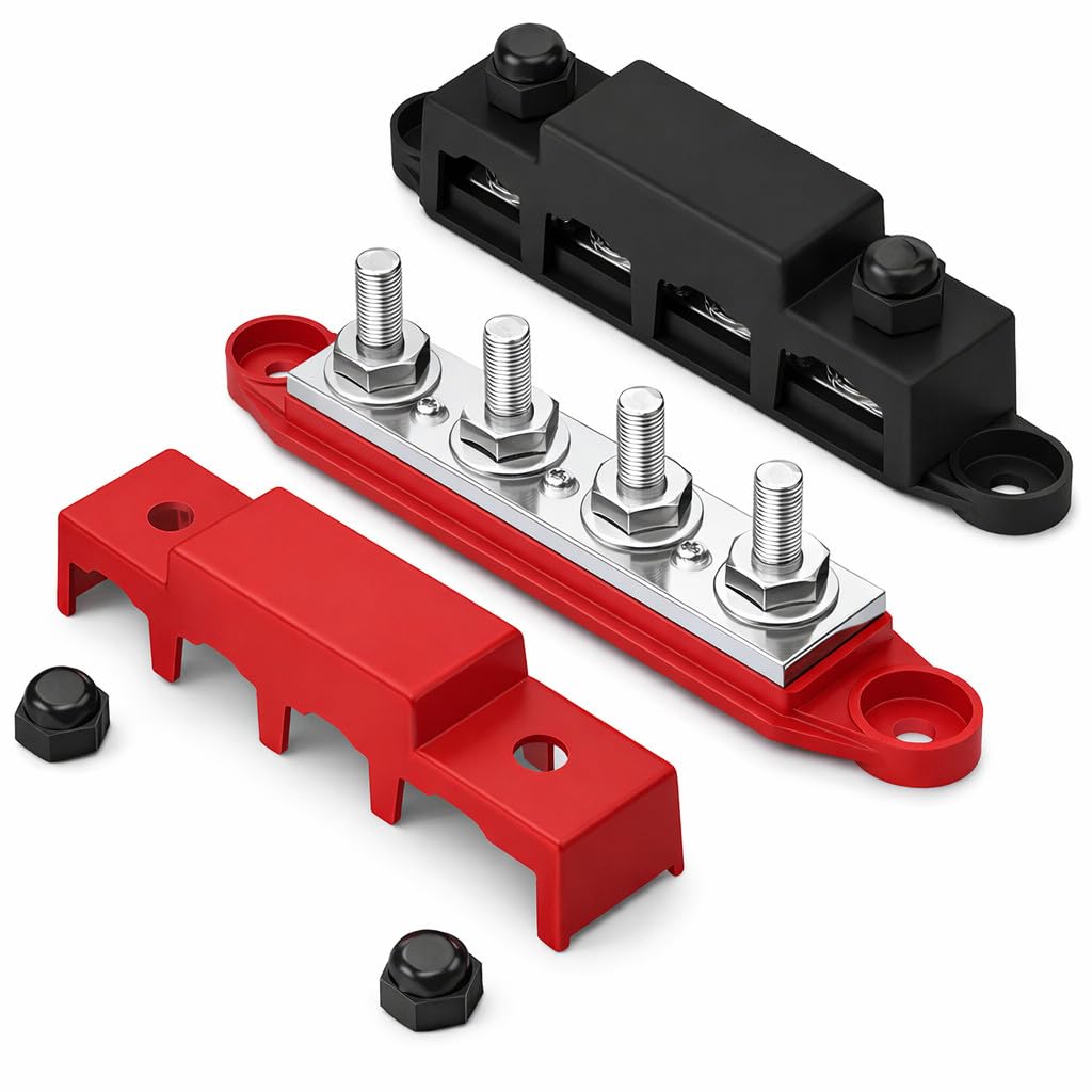 MGI SpeedWare 4-Post Power Distribution Block Busbar 5/16" Studs with Cover, 250 AMP Rating for Automotive, Marine, and Solar Wiring (Red + Black)