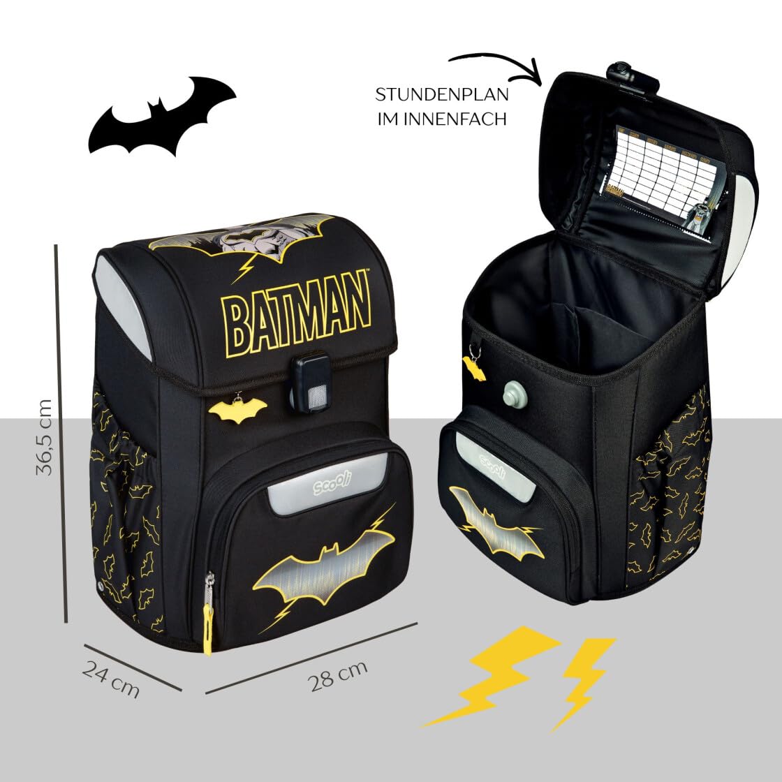 Undercover Juego de mochilas escolares de 5 piezas, para niñas de 1ª clase, con contenido personalizado, estuche escolar, diseño de Scooli, Batman Negro, Juego de mochila escolar
