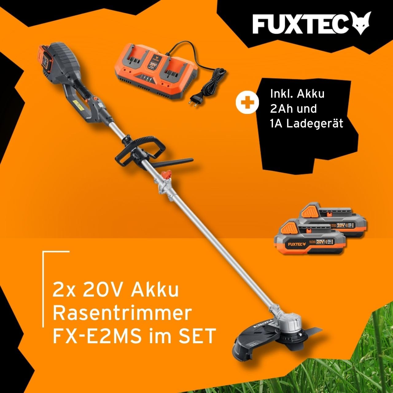 FUXTEC Akku Motorsense 2x20V FX-E2MSSET– Schnittbreite 25,5 – 35cm, 10Kg leicht, bis zu 6000 U/min (mit Akku & Ladegerät)