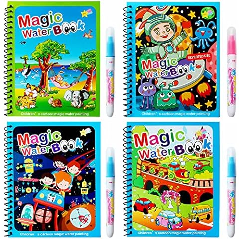 LONTOM Magic Water Colouring Book, 4pcs Children Reusable Drawing Book with Pen, Early Education Doodle Painting Toys for Kids Boys Girls Ages 2 3 4 Years+ Educational Learning Gifts Cover