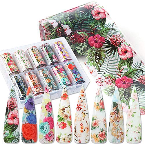 BFY Nail Foil Nail Art Stickers Nail Transfer Tips Manicure Art 10 Rolls Flowers Starry Sky Nail Decals Manicure Tips Wraps Nail Art Decorations for Women Floral Acrylic Nail Art Supplies