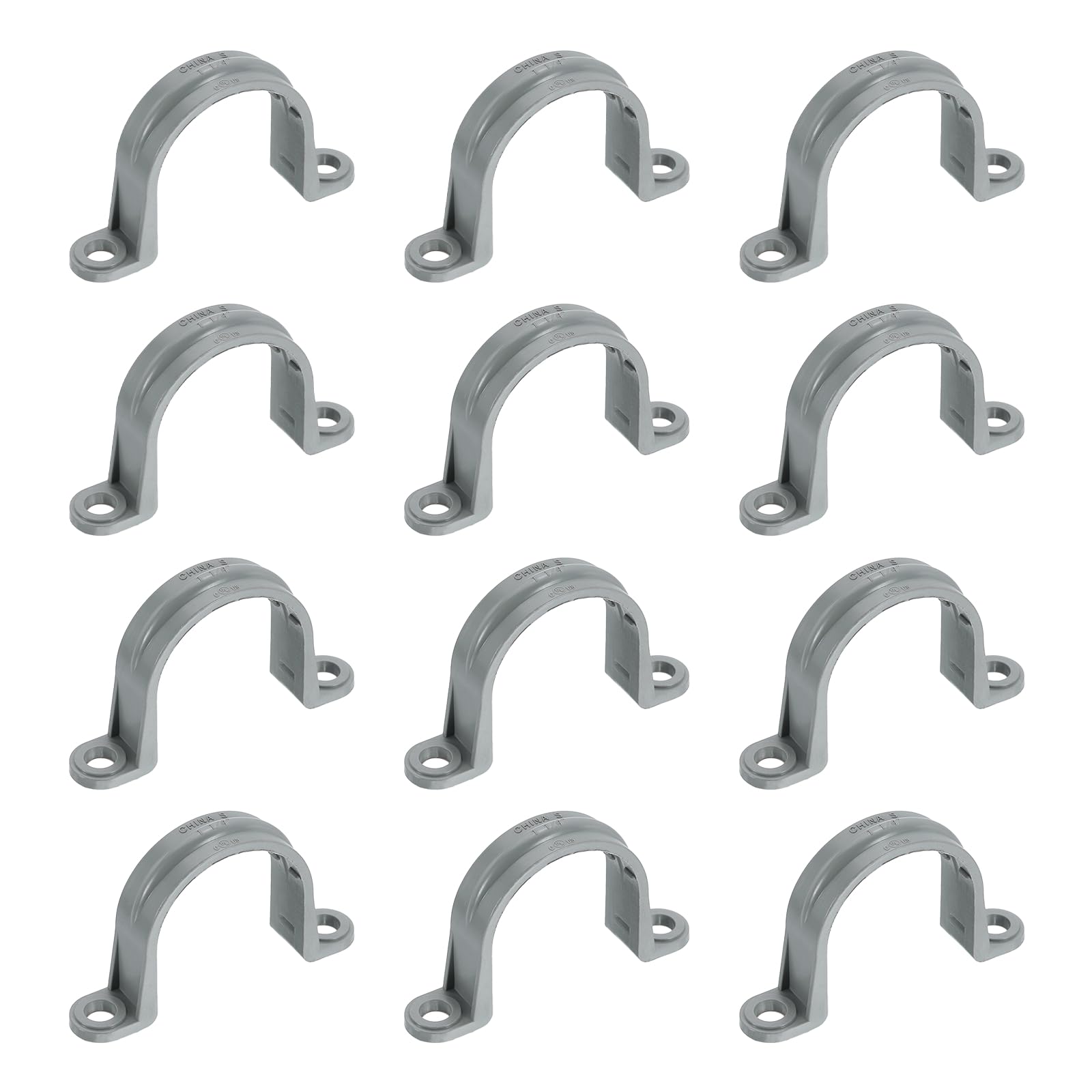 sourcing map 1-1/4 Inch PVC Pipe Straps, 12Pcs Plastic Conduit Clamps Double Hole U Shaped Strap Clamp with Anti-Slip Ribs for Pipe Tube Cable Fixing (Gray)