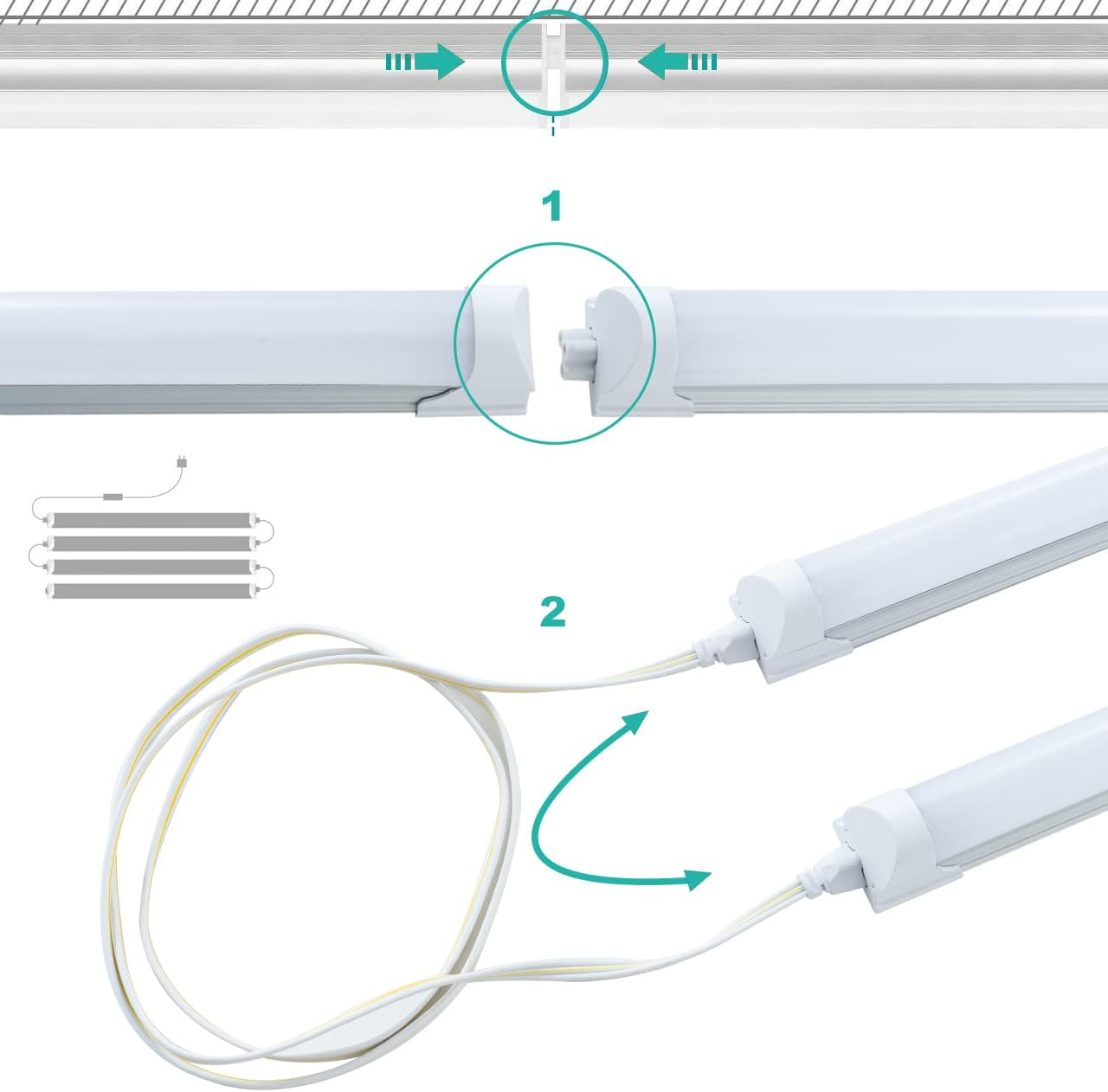 6 Pack T8 Shop Light, 4FT 24W 6000K Daylight White Linkable LED Integrated Tube Lights with Milky Cover, Bar Lights for Garage, Workshop, Workbench with On/Off Plug Cord