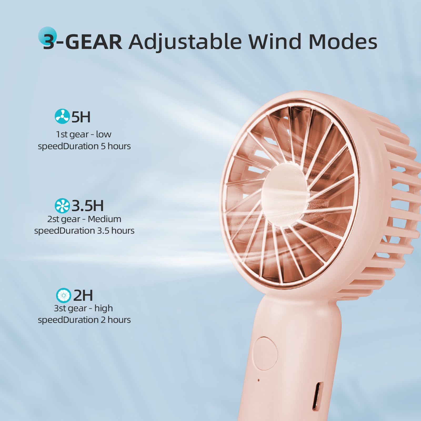 Jsdoin Mini Handheld Fan, Powerful Desk Fan with Buckle, Cute Design 3 Speed Personal Small Portable - Image 4