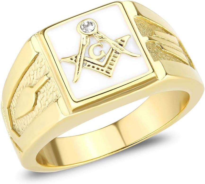 Men's Textured Masonic Lodge Freemason Signet Nugget Ring in Hypoallergenic Silvertone Stainless Steel Ornate Statement Ring