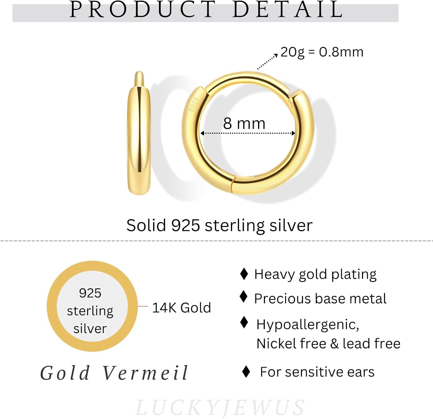 925 Sterling Silver Small Gold Huggie Hoop Earrings for Women Men,14K Gold Plated Cartilage Hoop Earring, Helix, Tragus, Earlobe Tiny Hoops, Lightweight Hypoallergenic Earrings Cuff