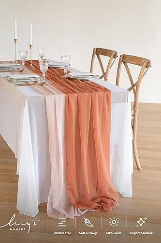 Miniatura 3 de Ling's Moment Camino de mesa sedoso de gasa arrugada y terracota y rosa nude, 30 x 120 pulgadas (juego de 2) naranja quemado para decoración de