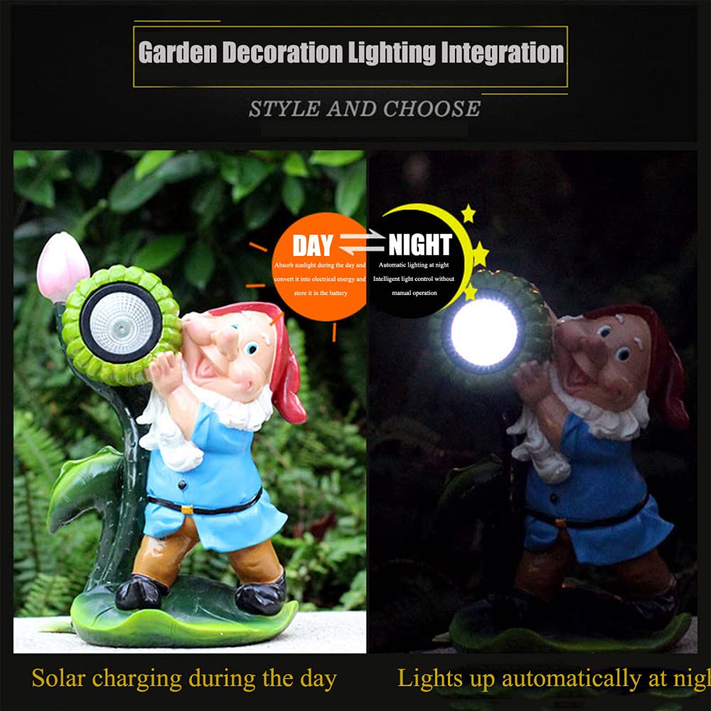 Garden Gnome ogrodowy posąg gnomów na zewnątrz gnomy led słonecznych ozdoby figurki, ręcznie malowane warunkowe, gigantyczne wystrój trawnika Smurf, oświetlenie 8h, b
