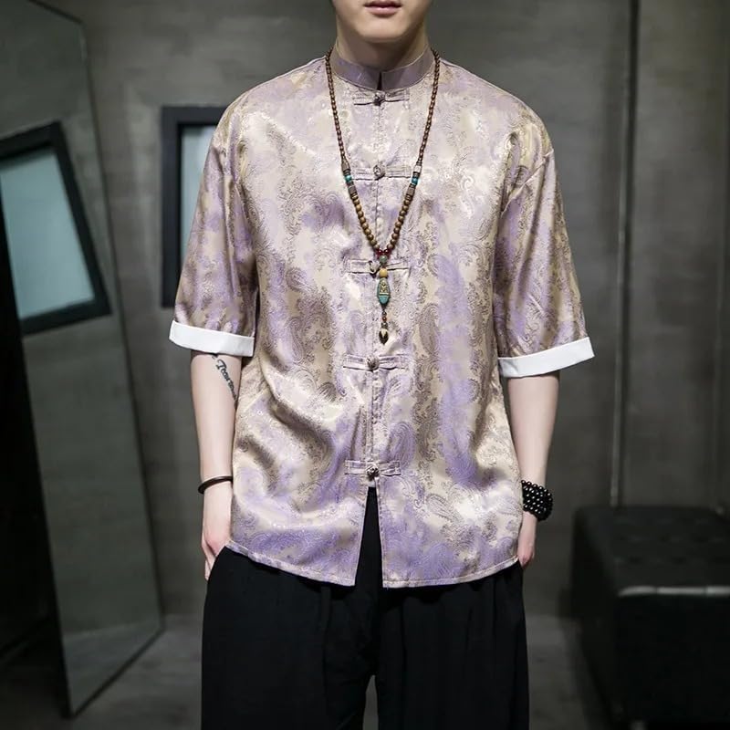 Chinese Style Men Tang Suit Top Half Sleeve Shirt Kung Fu Coats Spring Summer Loose Satin Blouse
