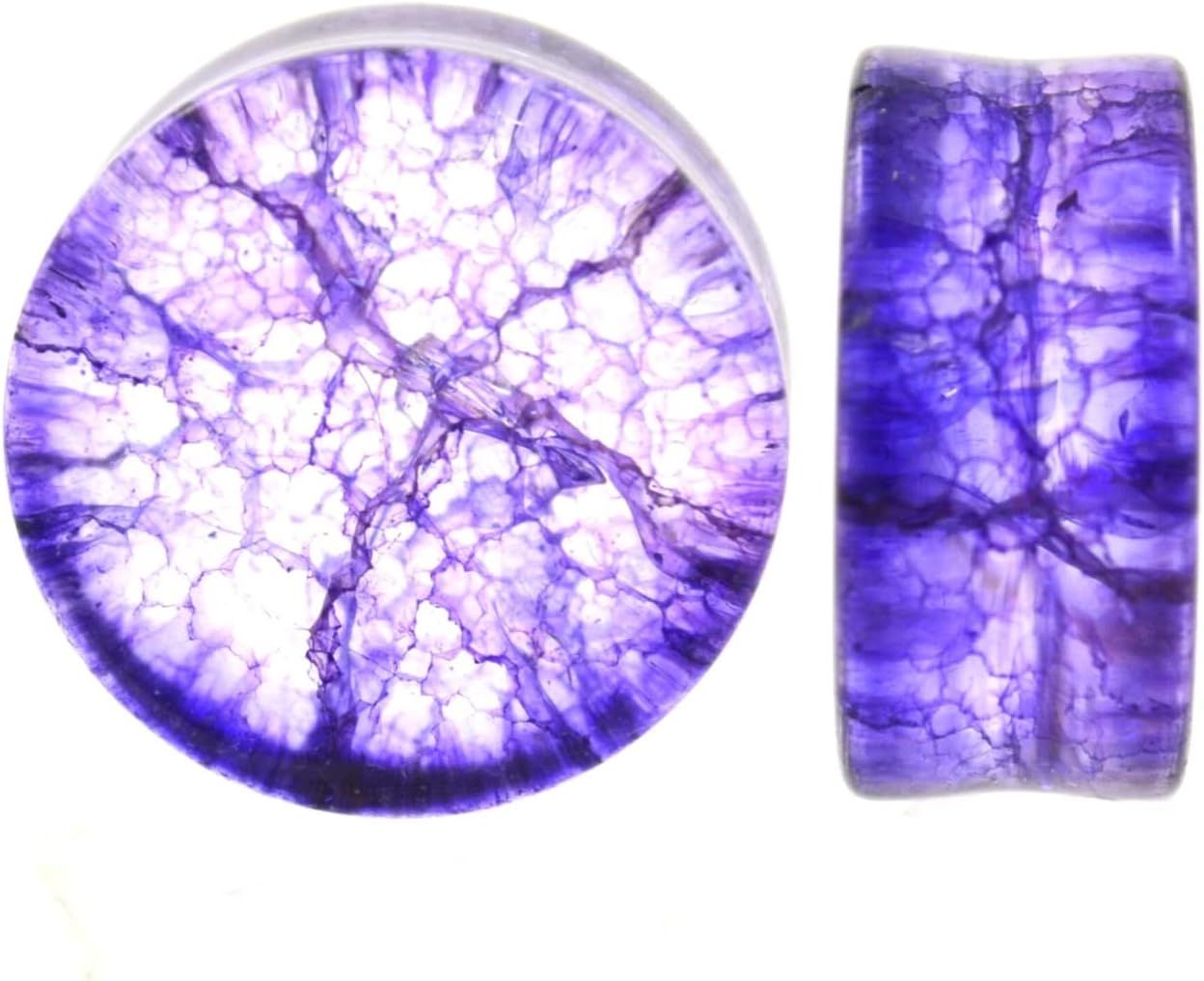 Pair 1-3/8" (35MM) PURPLE SHATTERED GLASS PLUGS Double Flare Gauges Cracked Organic Tunnels (2pcs)