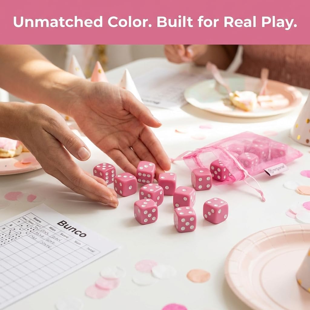 12 Square Pink Dice – 16mm Precision-Cut with Bold White Pips – Includes Organza Gift Bag – Perfect for Ladies Bunco Night & Party Games