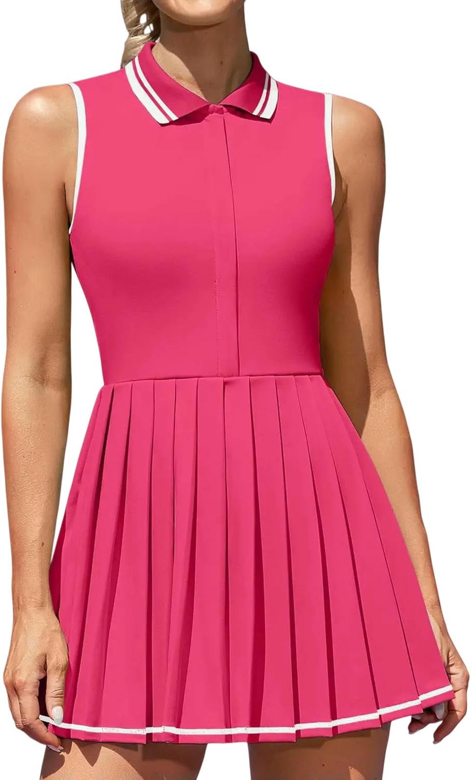 Vestido de Tenis para Mujer con Media Cremallera, Pliegues, Sujetador Incorporado y Shorts Separados de Corte Ajustado.