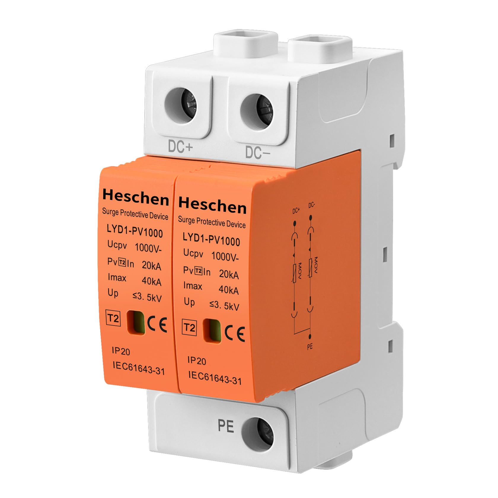 Heschen 1 Piezas Protector de Sobretensiones PV 1000VDC 2P, Descargador de Sobretensiones Fotovoltaico SPD 20kA/40kA Tipo 2, Protección contra Rayos Carril DIN 35mm
