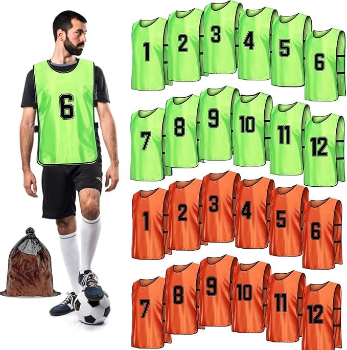 Chasubles de Football pour Adultes et Jeunes, Pack de 24 Chasubles de Training en Maille, Maillots Numérotés pour l'Entraînement de Soccer, Basketball, Football, Volleyball - Orange & Vert