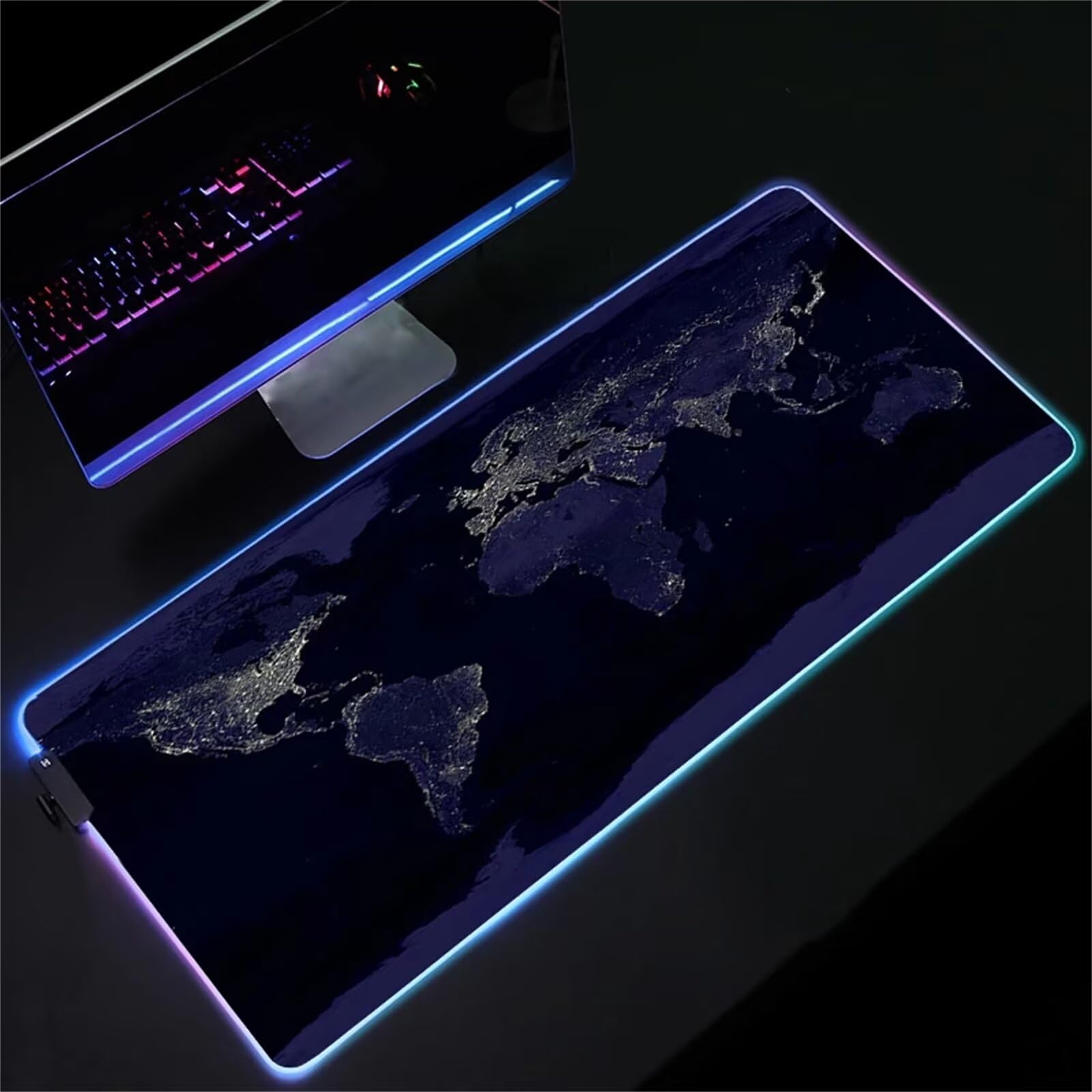 Mapa del Mundo RGB Alfombrilla de ratón para Juegos 900x400x4mm Alfombrilla Ratón Grande Alfombrilla de Escritorio LED con Base de Goma Antideslizante para Gamers PC y Portátil