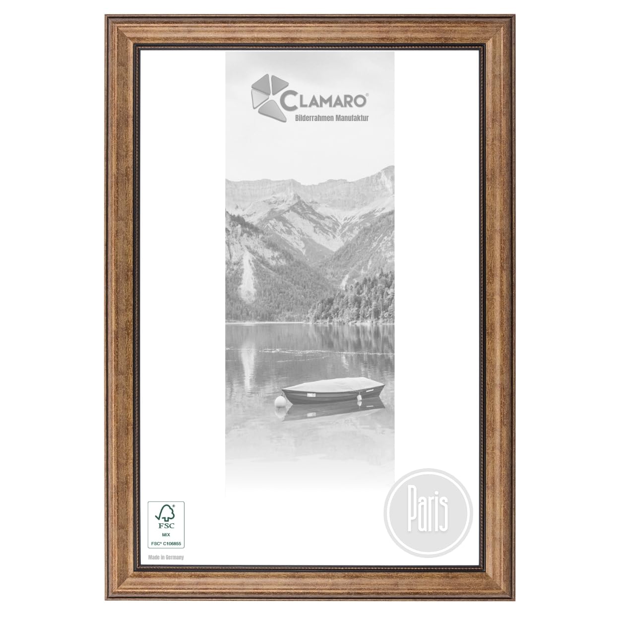 CLAMARO "Paris" ramka na zdjęcia antyczna 58,8 x 83 cm lite drewno | brązowa | szerokość 42 mm Shabby Chic Vintage rama barokowa | drewniana rama zaw. szkło akrylowe, tylna ścianka, metalowa zawieszka