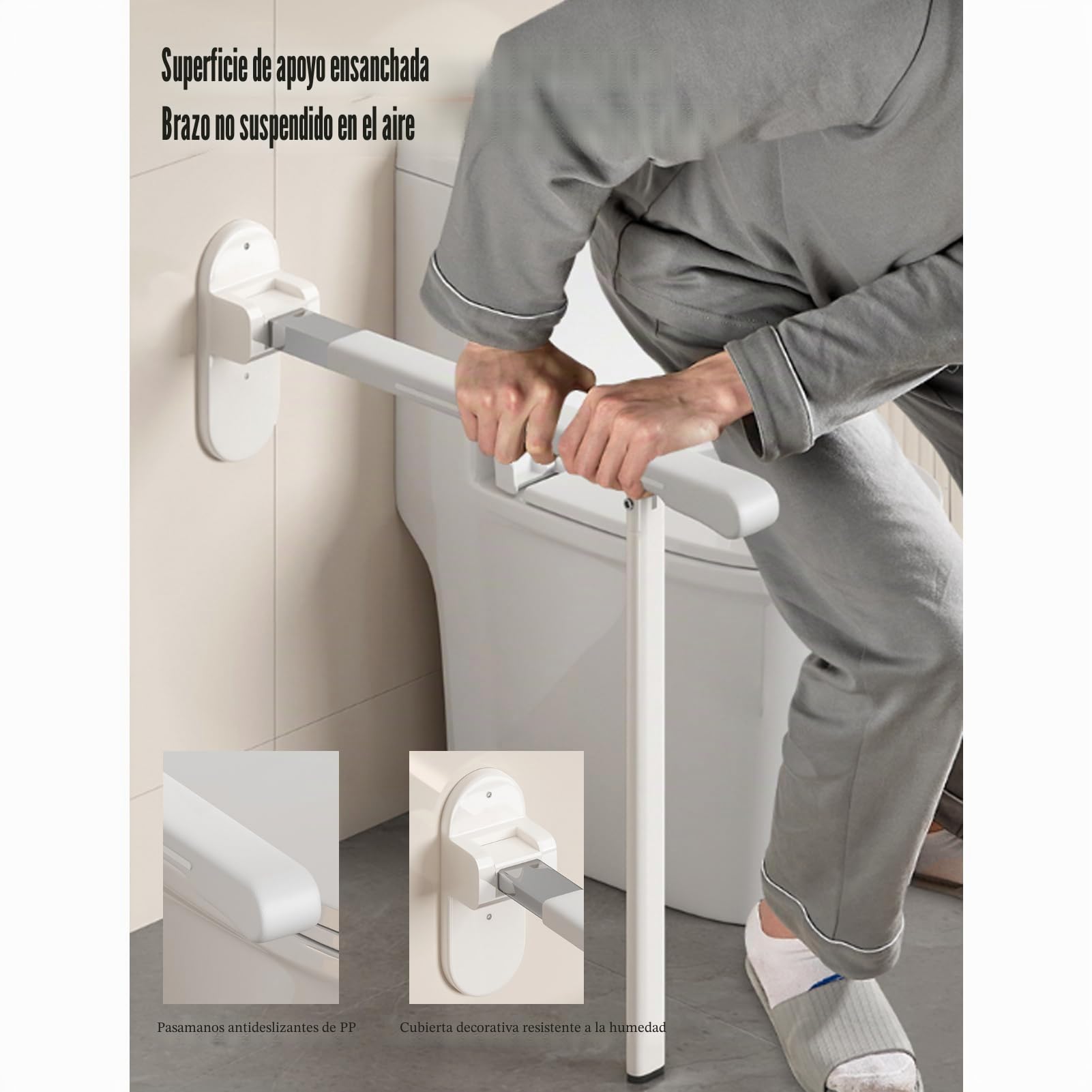 Barra Asidero Baño Con Pata Abatible, Barras Baño Minusvalidos Acero Inoxidable Antideslizante Con Anillo Luminoso Asa De Seguridad Baño Plegable Soporta Hasta 200 Kg (Black)
