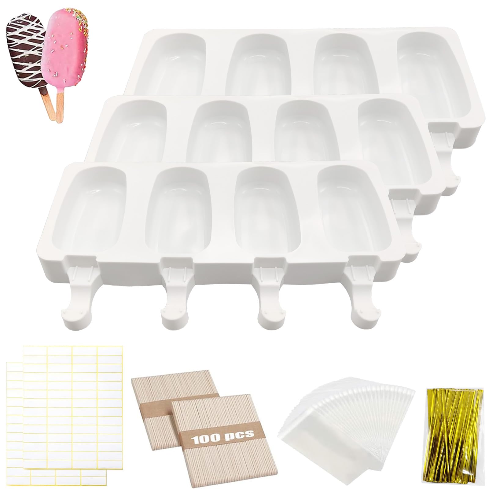 Moldes de Helado, 3 Pack Molde de Helado de Silicona con 100 Palos Madera, 100 bolsas de embalaje, 100 ligamentos, 100 etiqueta,sin BPA, Para postres helados o chocolates caseros (C)