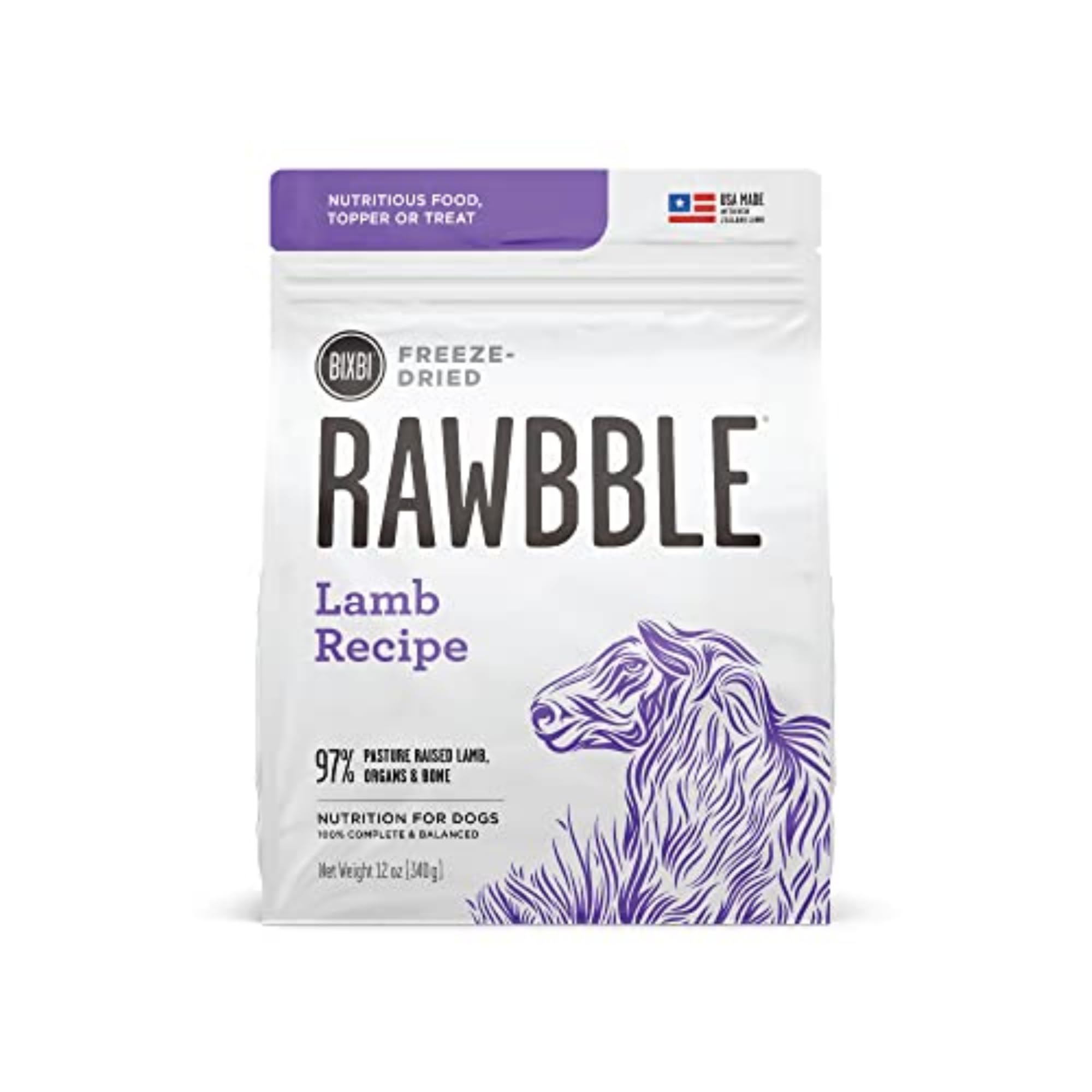 BIXBI Rawbble Freeze Dried Dog Food, Lamb Recipe, 12 oz - 97% Meat and Organs, No Fillers - Pantry-Friendly Raw Dog Food for Meal, Treat or Food Topper - USA Made in Small Batches