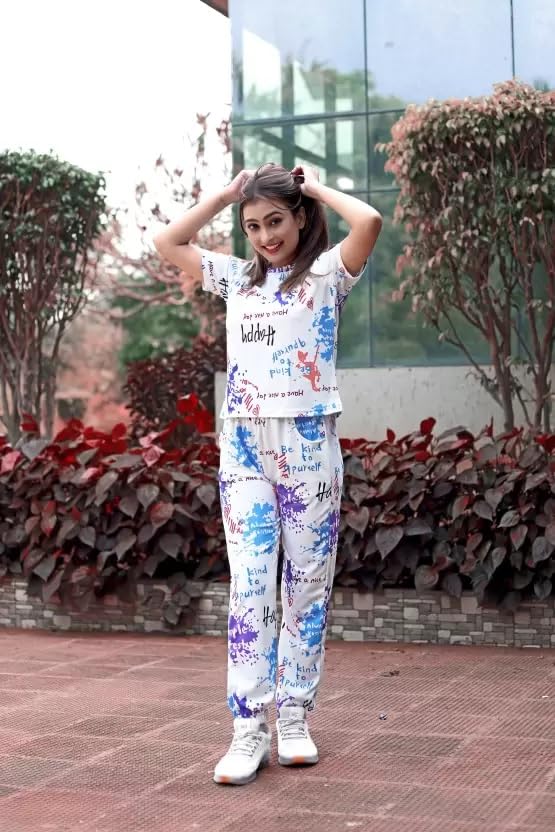 Image of Women Printed T-Shirt and Track Pant Set | Cotton Co-Ord Night Suit for Women | Lounge Wear, Sleepwear, Gym Wear | Half Sleeve Top & Elastic Waist Joggers | Stylish