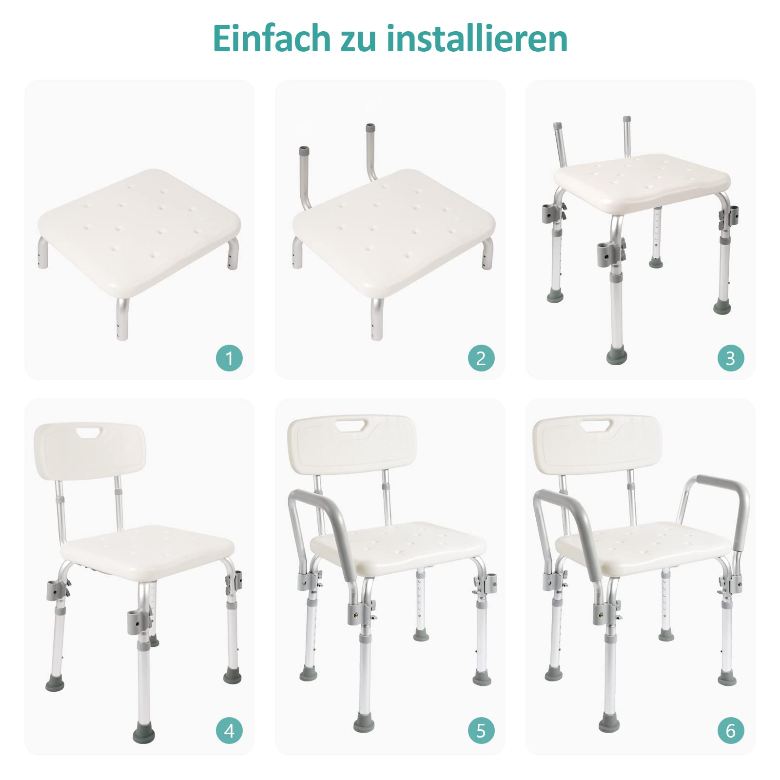 EMKE Duschstuhl Duschhocker für senioren Duschstuhl mit Armlehne und Rückenlehne Duschhocker Höhenverstellbar,bis 135KG, Weiß