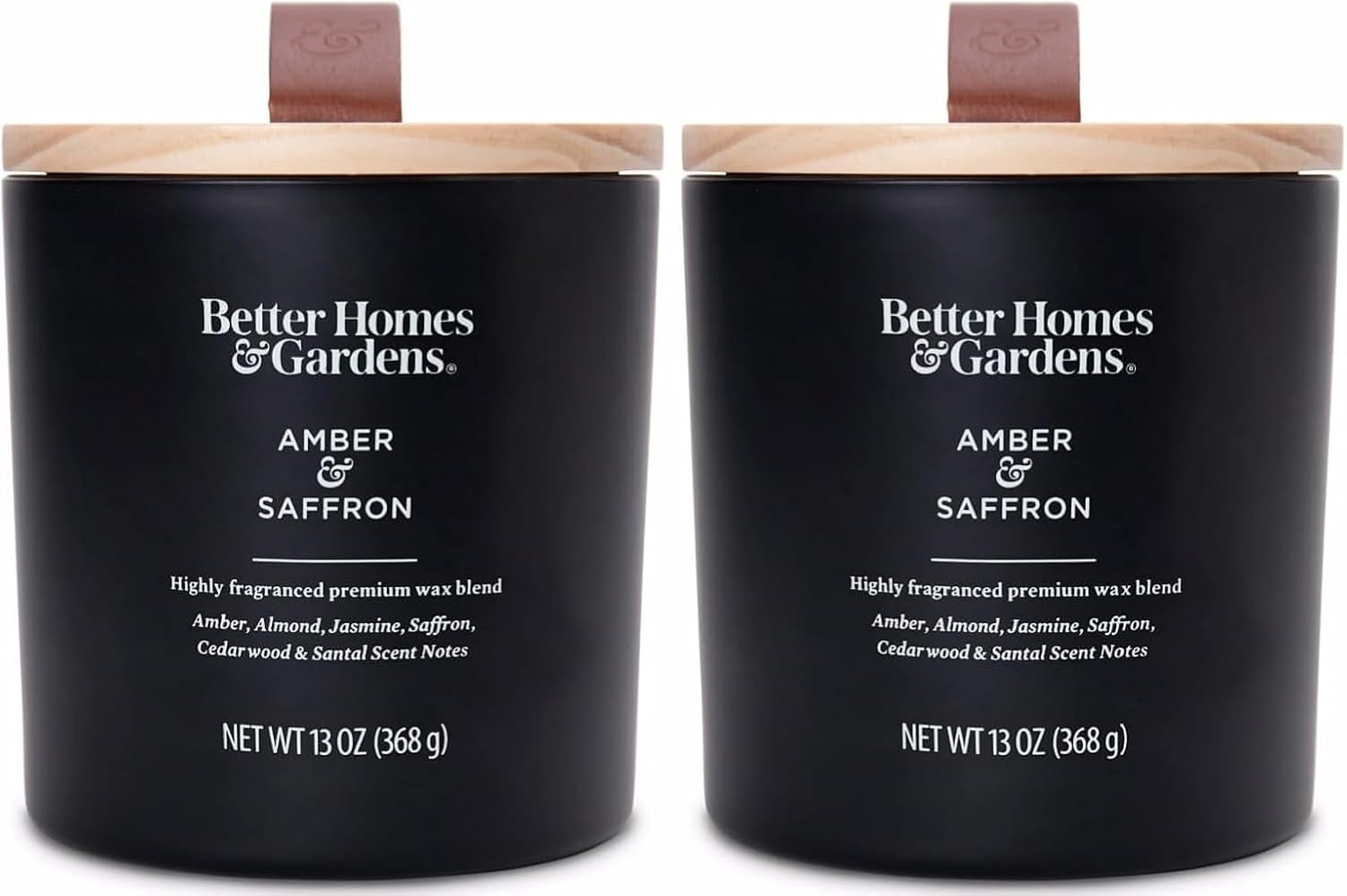 Set of 2 Better Homes and Gardens 13oz Amber and Saffron Scented Wooden Wick Jar Candles