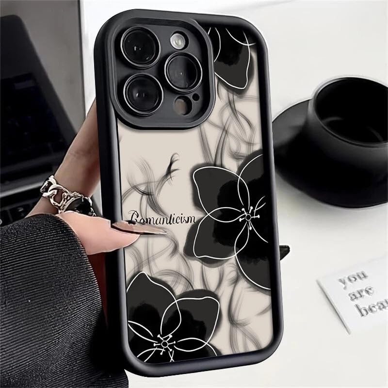 Image of COVERLY Black Floral Back Case Cover for iPhone 12 Pro | 3D Ink Abstract Art Flower Cute Design | Camera Lens Protection | Soft TPU Silicone Aesthetic Print Cover for Girls & Women (Black, Shockproof)